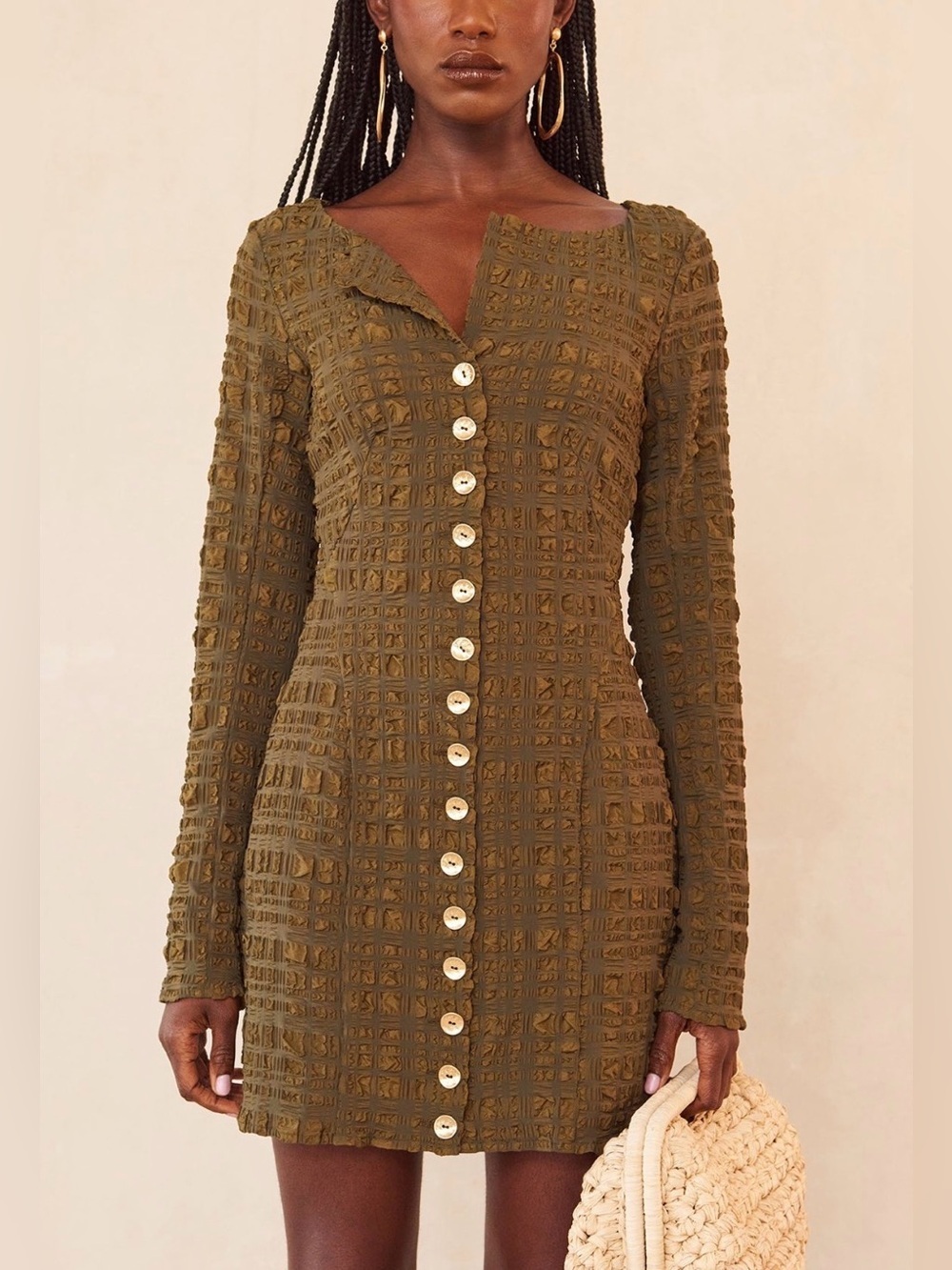 cult gaia Lafina Textured Button Front Mini Dress – Olive Green – Size M NWOT